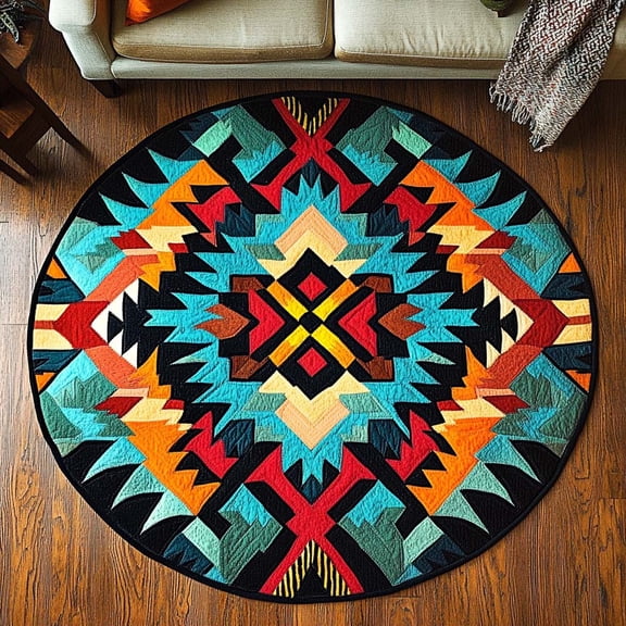 Tribal Sun Dance Quilted Round Mat, Tribal Sun Round Floor Mat, Native Inspired Home Decor Rug, Quilted Area Carpet for Bedroom Living Room