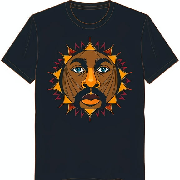 Tribal Sun Face Graphic Black Crewneck T-Shirt for Men Unique Design