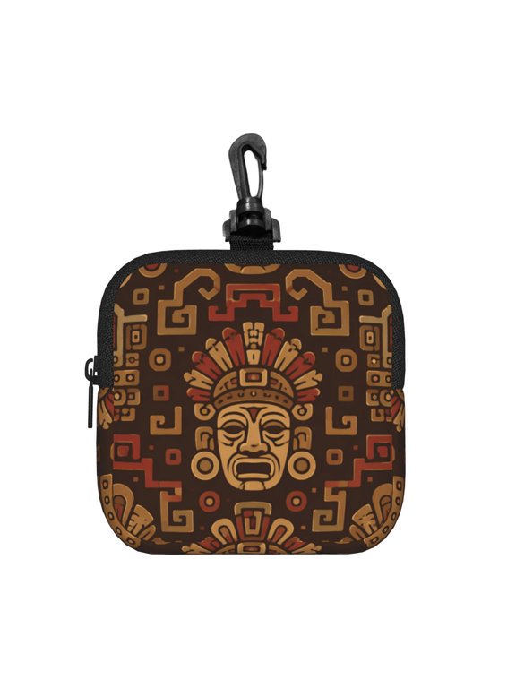 Tribal Sun Stone Decorative Art Square Gear Pouch with Lobster Clasp Waterproof Tech Accessory Organizer, Key & Coin Case