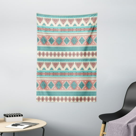 Tribal Tapestry, African Vintage Design Native Ethnic Style Artsy Geometric Triangles Print, Wall Hanging for Bedroom Living Room Dorm Decor, 40W X 60L Inches, Cream Aqua and Peach, by Ambesonne