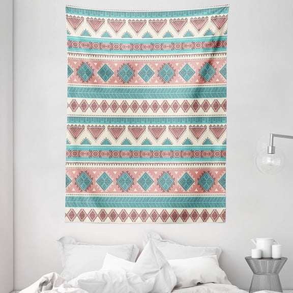 Tribal Tapestry, African Vintage Design Native Ethnic Style Artsy Geometric Triangles Print, Wall Hanging for Bedroom Living Room Dorm Decor, 60W X 80L Inches, Cream Aqua and Peach, by Ambesonne