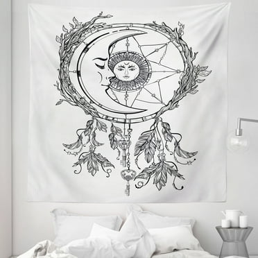Tribal Tapestry, Dreamcatcher Feathers with Sun and Moon Inside Cosmos Image, Fabric Wall Hanging Decor for Bedroom Living Room Dorm, 5 Sizes, Black White, by Ambesonne