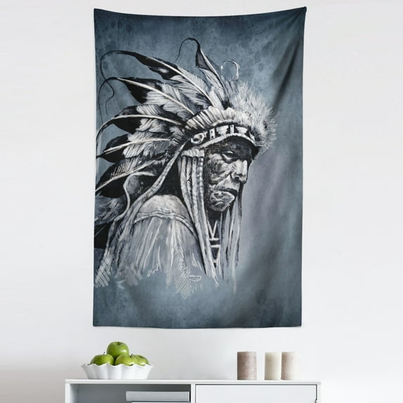 Tribal Tapestry, Hand Drawn Tribe Chief Head with Feathers Vintage Style Art, Fabric Wall Hanging Decor for Bedroom Living Room Dorm, 5 Sizes, Grey Black White, by Ambesonne