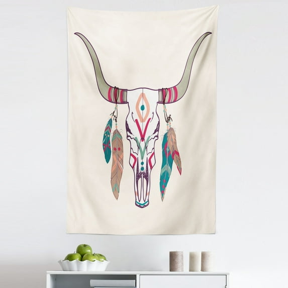 Tribal Tapestry, Texas Longhorn Steer Cow Skull Style Colorful Feathers Hanging on Horns, Fabric Wall Hanging Decor for Bedroom Living Room Dorm, 5 Sizes, Multicolor, by Ambesonne