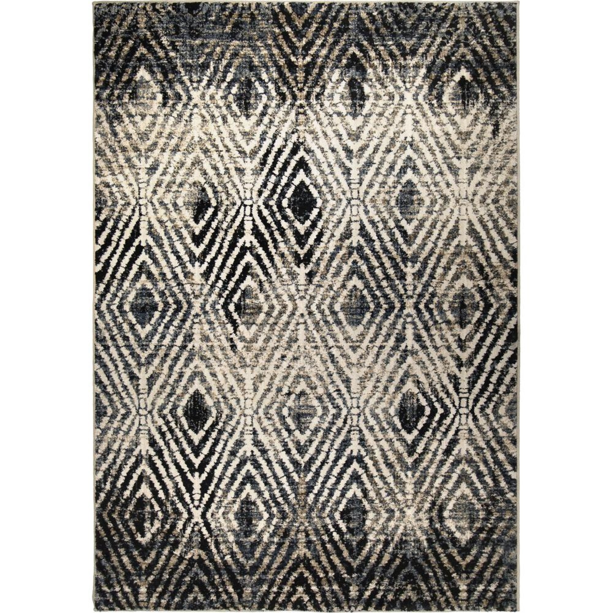 Geometric Blue and Beige Stain-Resistant Synthetic Area Rug