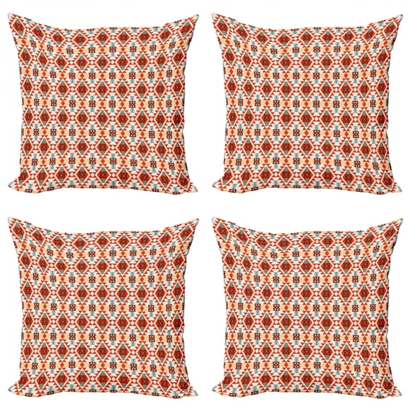 Ambesonne Tribal Throw Pillow Cover 4 Pack, Aztec Folk Native Motif, 18", Teal Cream Red