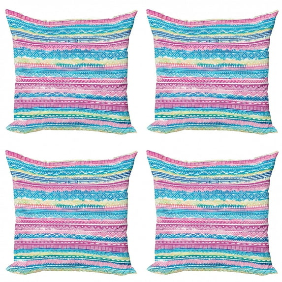 Ambesonne Tribal Throw Pillow Cover 4 Pack, Watercolor Aztec Stripes, 16", Blue Pink Cream