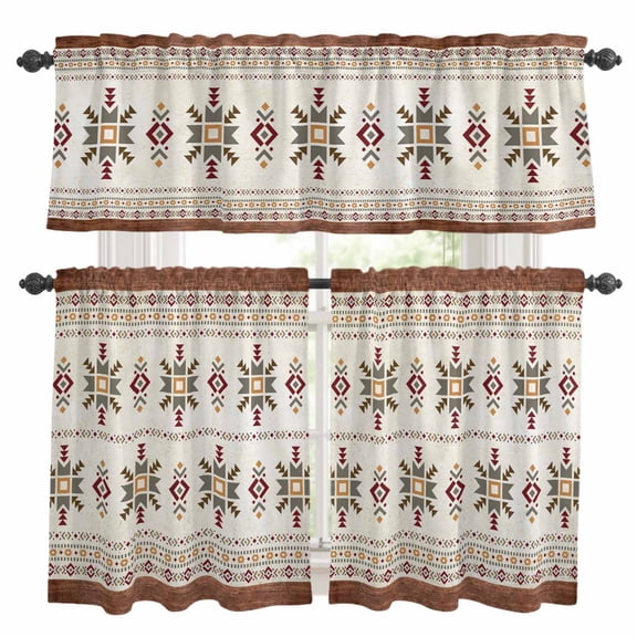 Tribal Totem Boho Kitchen Curtains Valances and Tiers Set of 3 West South America Traditional Brown Tier Curtains and Valance with Rod Pocket for Small Windows, 27.5"x24"