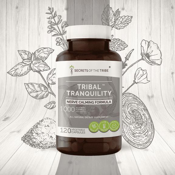 Secrets of the Tribe Tribal Tranquility Capsules Dietary Supplement, Natural Herb Blend, Made from Skullcap, Lemon Balm, Holy Basil, Reishi Mushroom, California Poppy, Valerian 120 Count