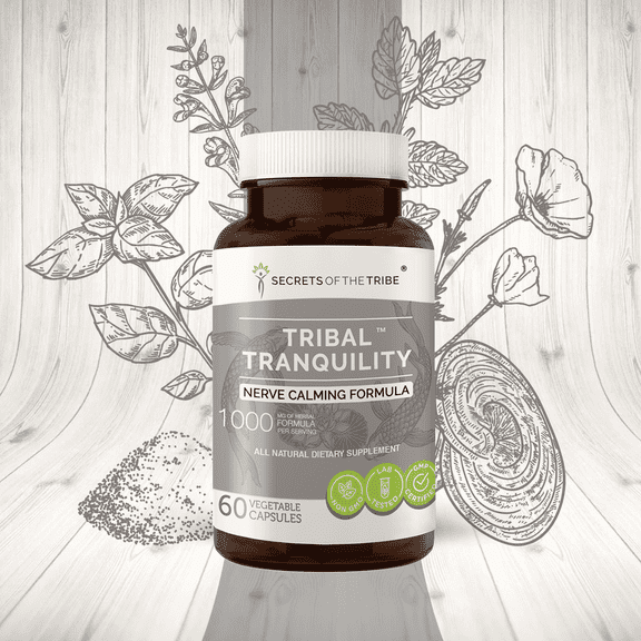 Secrets of the Tribe Tribal Tranquility Capsules Dietary Supplement, Natural Herb Blend, Made from Skullcap, Lemon Balm, Holy Basil, Reishi Mushroom, California Poppy, Valerian 60 Count