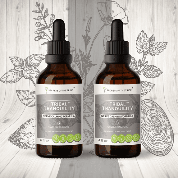 Tribal Tranquility Alcohol Extract, Tincture, Skullcap, Lemon Balm, Holy Basil, Reishi Mushroom, California Poppy, Valerian. Nerve Calming Formula 2x4 oz