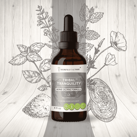Secrets Of The Tribe Tribal Tranquility Blend Tincture Dietary Supplement, Natural Extract, Made from Skullcap, Lemon Balm, Holy Basil, Reishi Mushroom, California Poppy, Valerian 4 oz