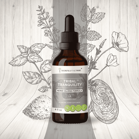 Secrets Of The Tribe Tribal Tranquility Blend Tincture Dietary Supplement, Natural Extract, Made from Skullcap, Lemon Balm, Holy Basil, Reishi Mushroom, California Poppy, Valerian 4 oz