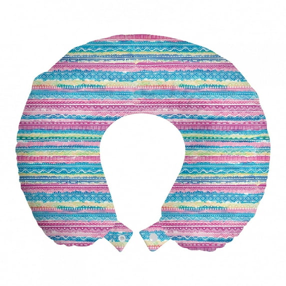 Tribal Travel Pillow Neck Rest, Watercolor Tie Dye Effect Artwork Stripes Aquatic Theme Bohemian Aztec Print, Memory Foam Traveling Accessory Airplane and Car, 12", Blue Pink Cream, by Ambesonne
