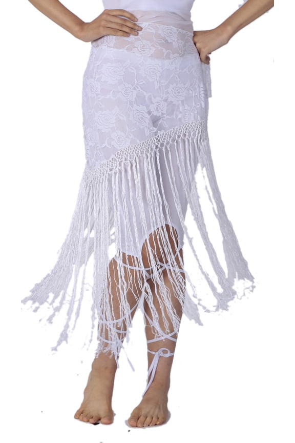 Tribal Triangle Gypsy Belly Dance Lace Shawl Hip Scarf with Fringe White