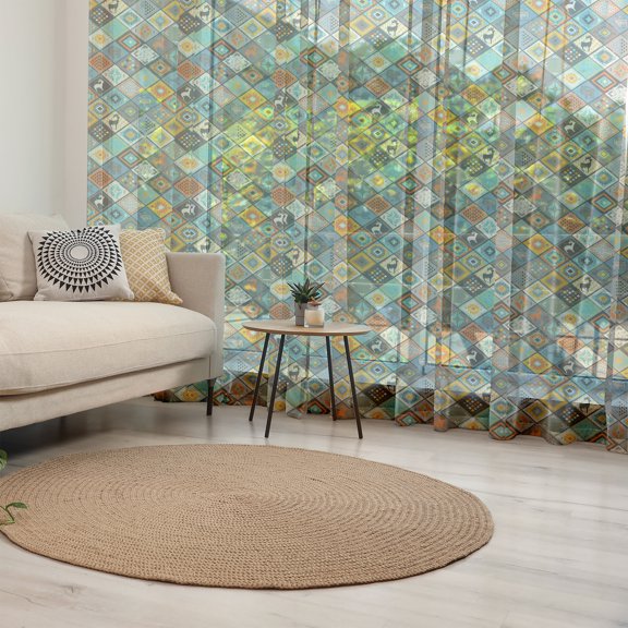 Tribal Tulle Curtains with Rod Pocket, Prehistoric Culture Composition with Different Motifs Elk and Bulls Folk Mosaic, Sheer Drape for Wedding Party 2 Panels, 7 Sizes, Multicolor, by Ambesonne