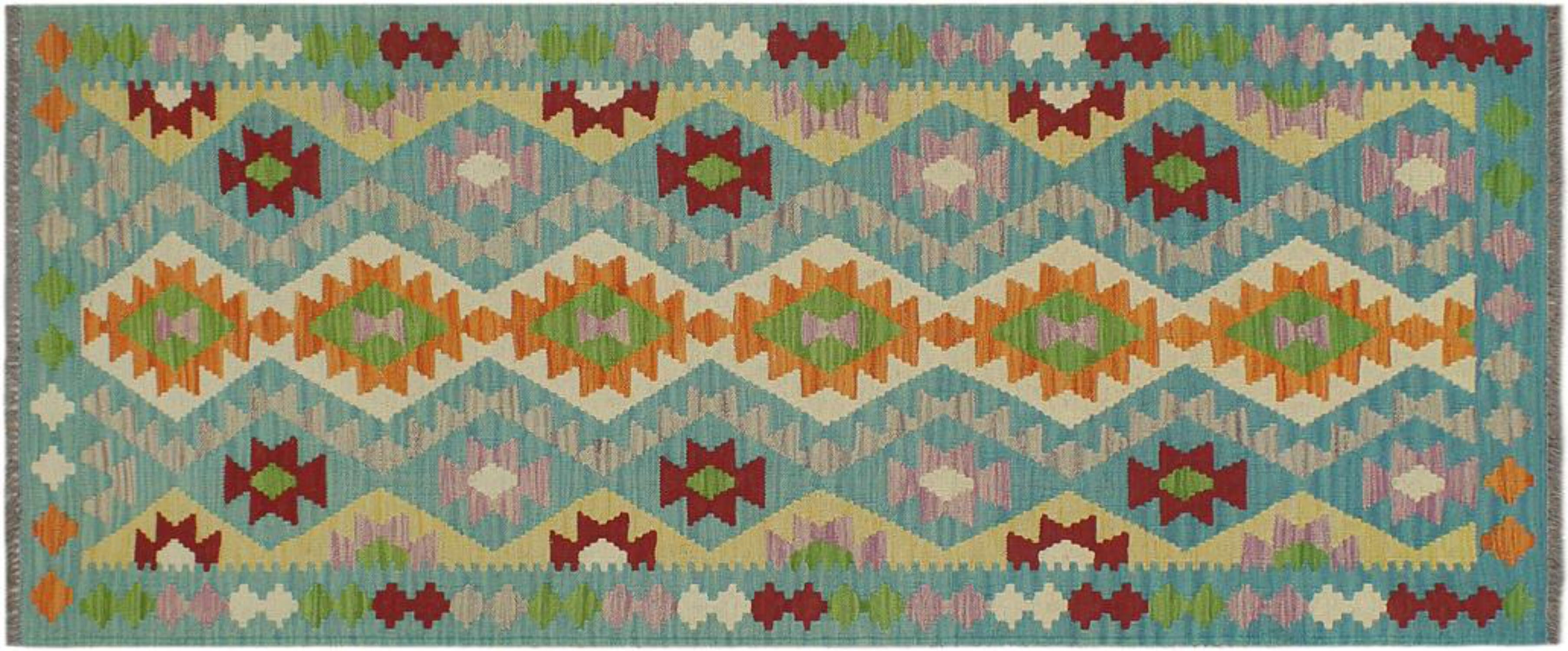 Hand-Woven Blue and Multicolor Wool Geometric Runner Rug