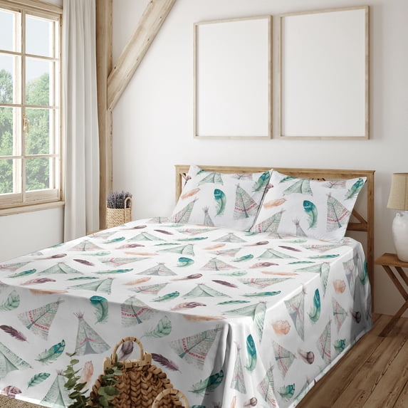 Ambesonne Tribal Vibes Fitted & Flat Sheet with Shams 4 Pcs Set, Western Tent Print, King, Teal White Multicolor