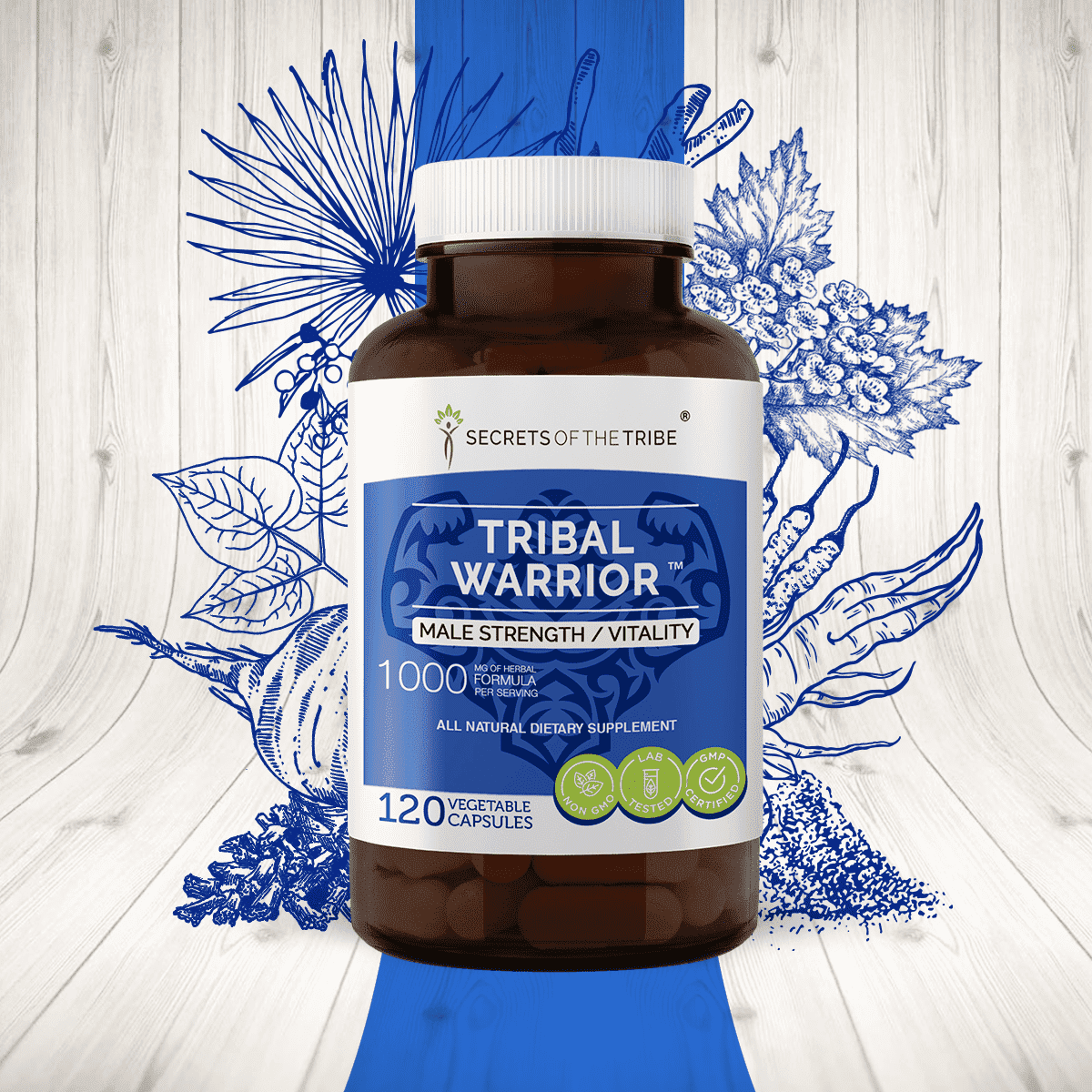 Secrets of the Tribe Tribal Warrior Capsules Dietary Supplement, Natural Herb Blend, Made from Pine Pollen, Maca, Korean Red Ginseng, Barrenwort, Ashwagandha, Hawthorn, Saw Palmetto, Linden 120 Count