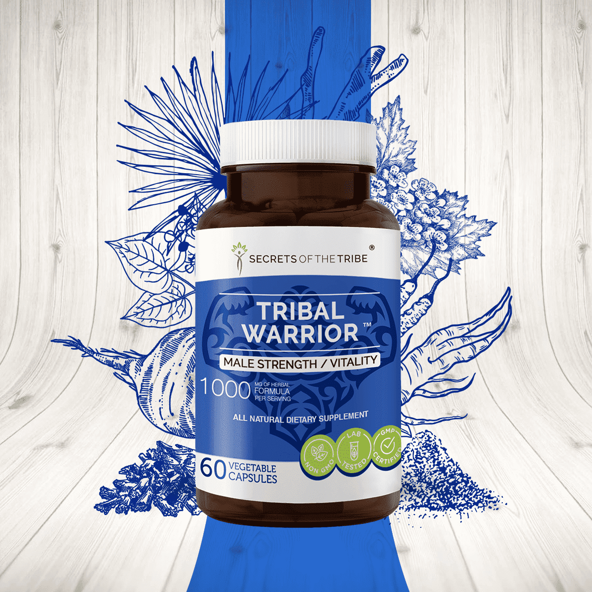 Secrets of the Tribe Tribal Warrior Capsules Dietary Supplement, Natural Herb Blend, Made from Pine Pollen, Maca, Korean Red Ginseng, Barrenwort, Ashwagandha, Hawthorn, Saw Palmetto, Linden 60 Count