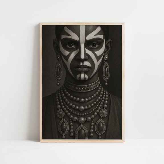 Tribal Warrior Woman Portrait Dark Academia Art Print, Unframed Paper Print Size 16x24