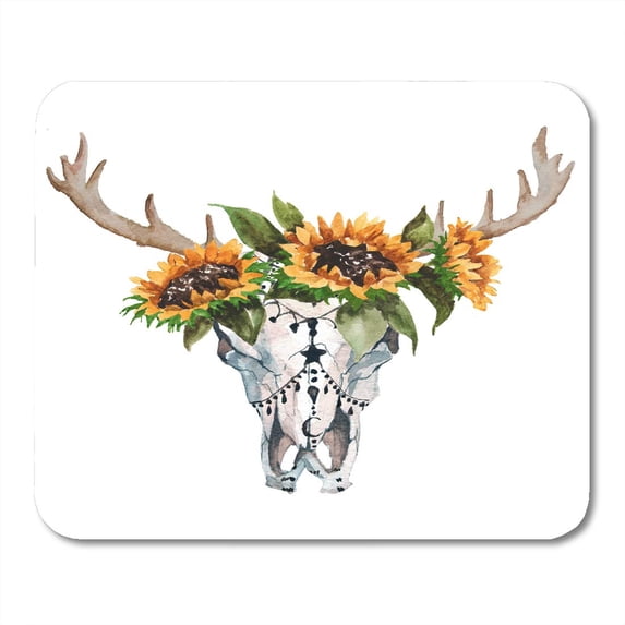 Tribal Watercolor Bull Head Flowers and Feathers on Boho Skull Mousepad Mouse Pad Mouse Mat 9x10 inch