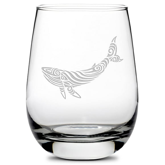Tribal Whale Design Stemless Wine Glass, Handmade, Handblown, Hand Etched Gifts, Sand Carved, 16oz
