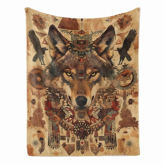 Tribal Wolf Flannel Throw Blanket Soft Cozy Warm Animal Spirit Design for Bedroom Sofa Living Room Teens Adults Birthday Christmas Gift