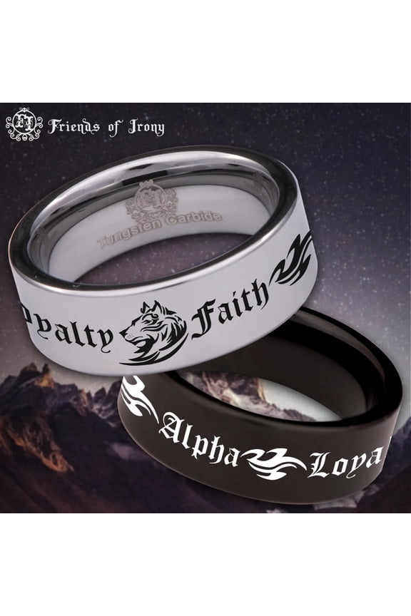 Tribal Wolf + Loyalty Faith Alpha Tungsten Carbide Ring