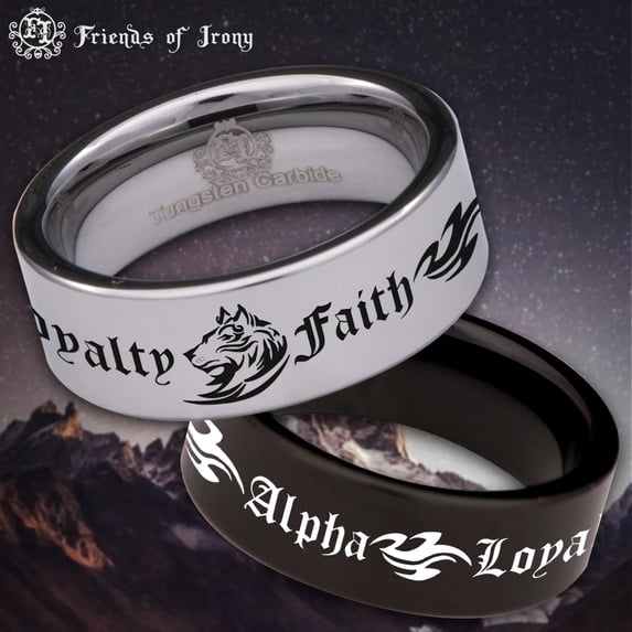 Tribal Wolf + Loyalty Faith Alpha Tungsten Carbide Ring