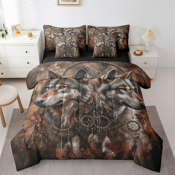 Tribal Wolves Bedding Set Twin,Bohemian Dream Catchers Comforter Set Teens,Tribe Couple Wolf Bed in a Bag(Comforter,Sheets,Pillowcases & Cushion Covers)7 Pieces Bed Set