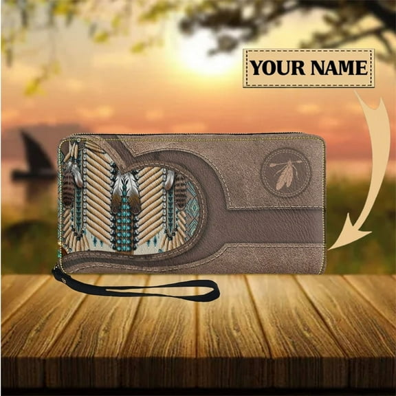 Tribal Women Wallet with Zipper Leather Female Purse Long Slim Girls Card Holder Multifunction Wrist Strap Handbag Gift