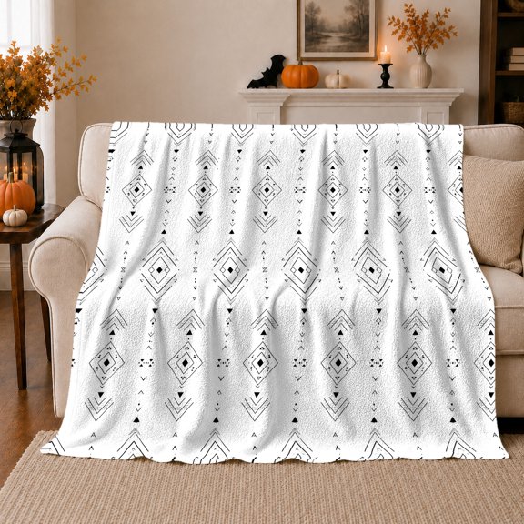 Tribal decorative motif Geometric Black White, Festive autumn celebration Scene, Warm Flannel Blanket for Cabin and Lodge with Detailed Artwork, Art Lovers autumn celebration Gift, Festive Home Decor