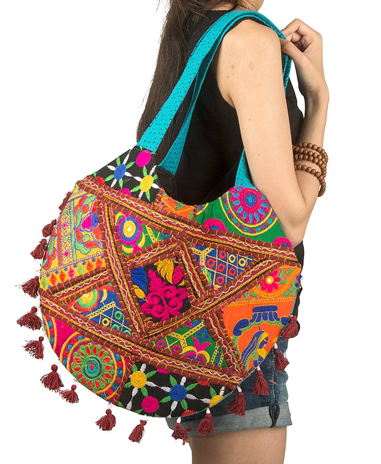 Tribe Azure Floral Embroidered Blue Shoulder Tote Bag Boho Gypsy Hippie  Cotton Lightweight Roomy Spacious Cute Colorful School Laptop Books Large