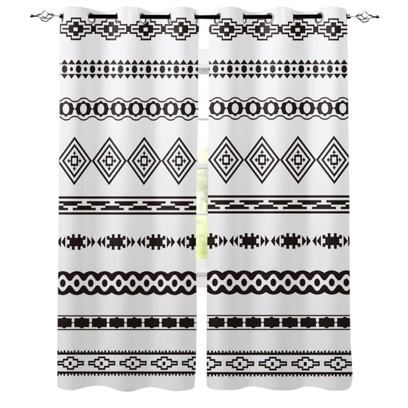 Tribe Ethnic Aztec Blackout Curtains, Black Geometric Figures Printed Drapes Set, Grommet Thermal Insulated Window Curtain for Bedroom Living Room Windows Window Curtains 26"W x 45"L (Pack of 2)