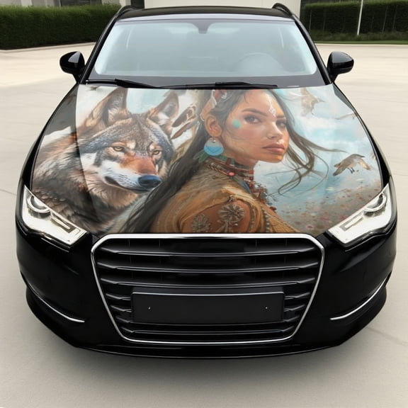Tribe and Wolf Alliance Native American Woman & Wolf Tribal Car Hood Decal - Two-Piece PVC Vinyl Wrap, Scratch-Resistant Protective Film, Easy Application & Removal, Fit for Cars, Trucks, SUVs - Indi