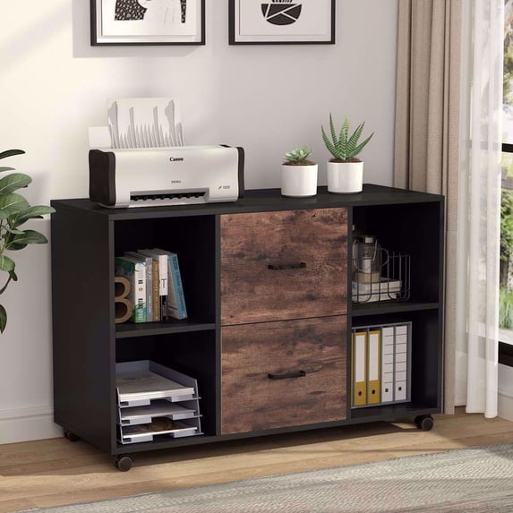 TribeSigns 2 Drawer Wood File Cabinet Letter Size, Large Mobile Lateral Filing Cabinet Printer Stand with Storage Shelves and Wheels for Home Office, Rustic Brown)
