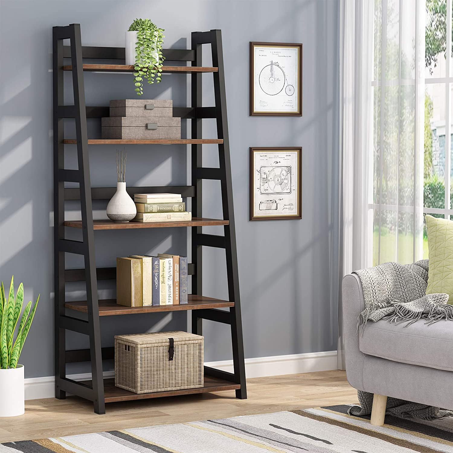 Tribesigns 5 Tier Industrial Ladder Bookshelf Bookcase Modern Plant Flower Stand Display Rack Shelf for Living Room Balcony Bedroom Home Office