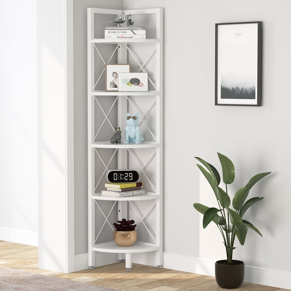 TribeSigns 5 Tiers Corner Shelf Bookshelf, Modern Small Corner Bookcase Plant Stand, White