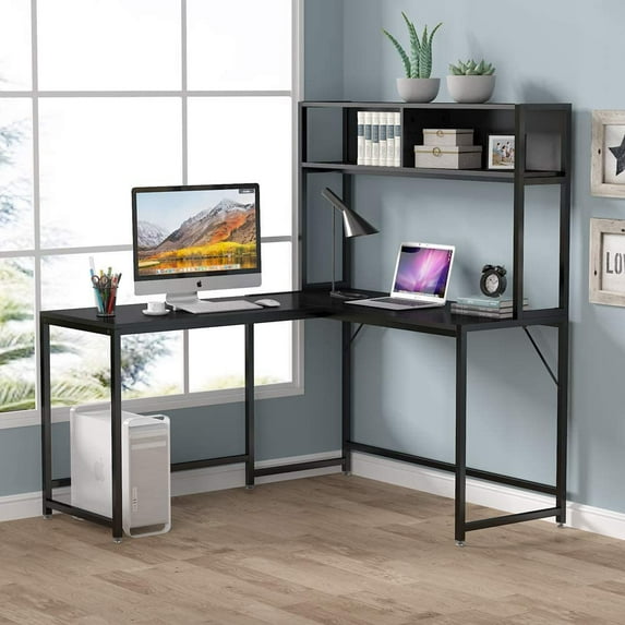 TribeSigns 55 Inch L Shaped Computer Desk with Hutch, Space-Saving Corner Desk with Storage Bookshelf, PC Study Writing Gaming Workstation Table Home Office Desk