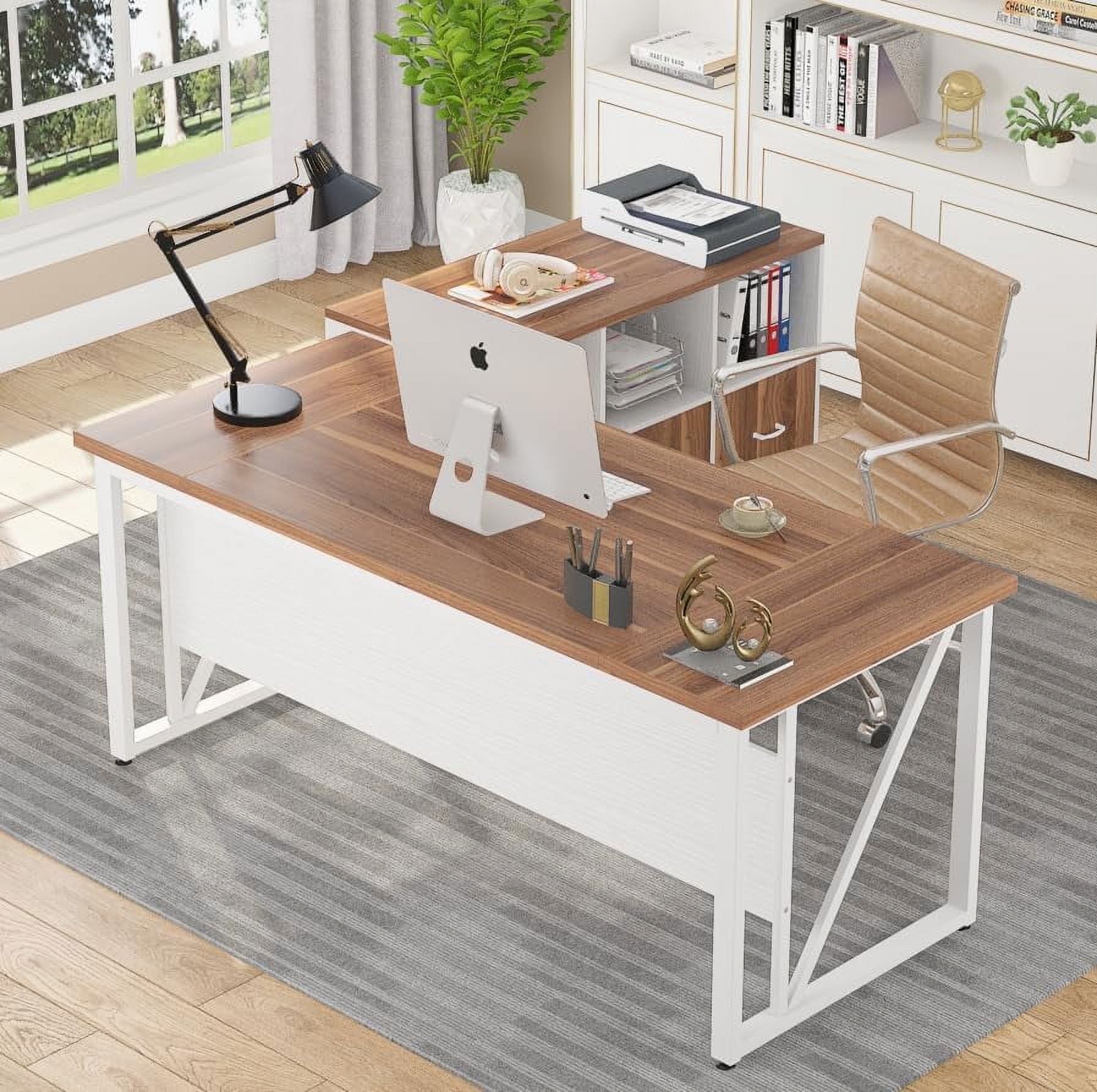 Finmind 63 inch Executive Desk and 47" lateral File Cabinet, L-Shaped Computer Desk Home Office Furniture with Drawers and Storage Shelves