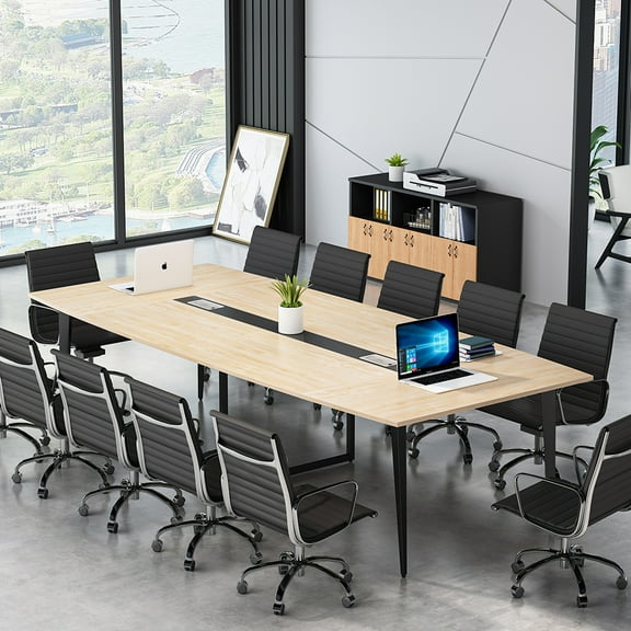 TribeSigns 8 FT Conference Table, 94.48 L x 47.24 W x 29.52 H Inches Boat Shaped Meeting Table with Rectangle Grommet, Modern Seminar Table for Office Meeting Conference Room