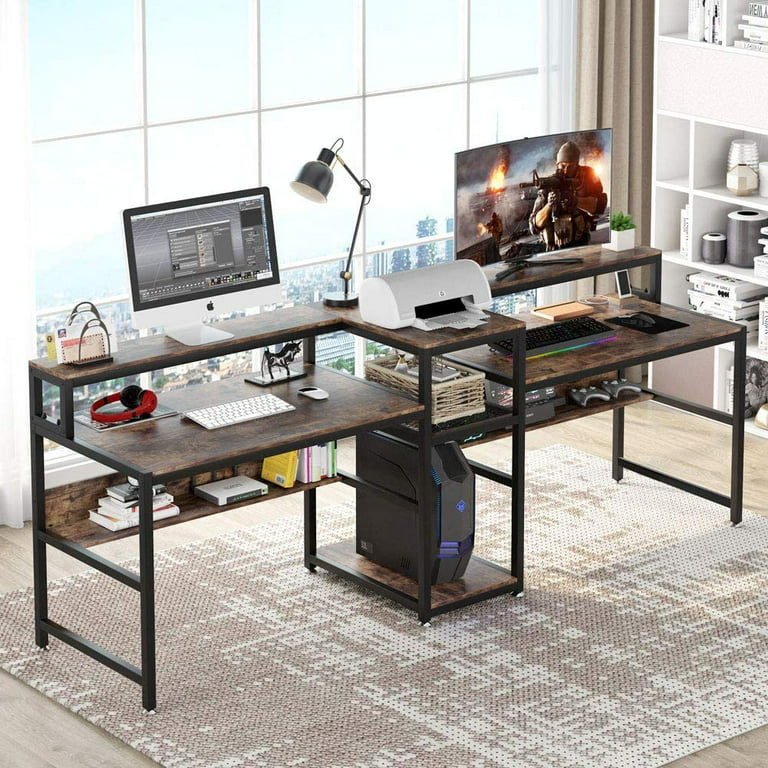 TribeSigns 94.5 Inches Two Person Desk with Storage Hutch Shelf