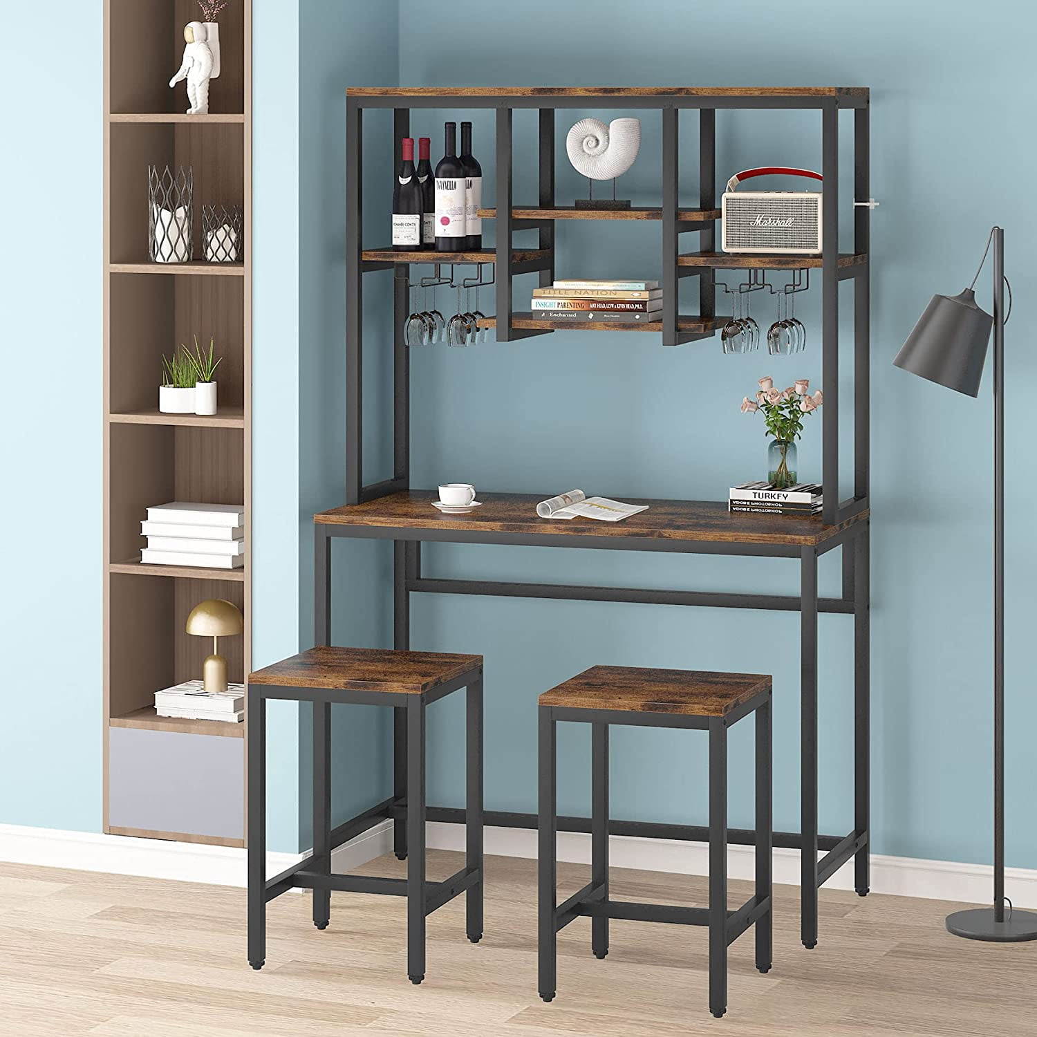 TribeSigns 3-Piece Bar Table Set with Stools, Tall Industrial Wine Rack ...