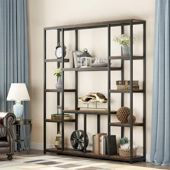TribeSigns Bookshelf, Industrial 12-Open Shelf Etagere Bookcase, Rustic Vintage Book Shelves Display Shelf Storage Organizer for Home Office