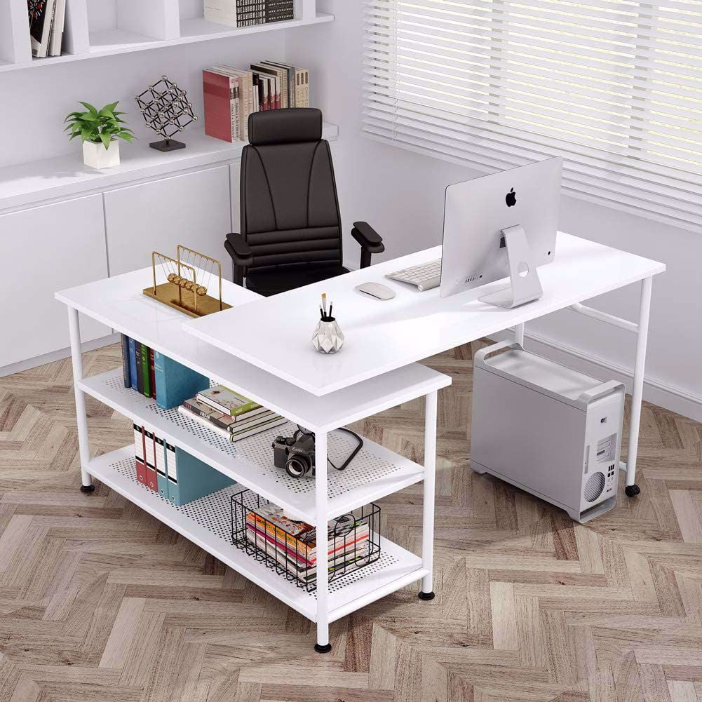 TribeSigns Modern L Shaped Desk with Storage Shelves 360