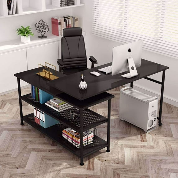 TribeSigns Modern L-Shaped Desk with Storage Shelves, 360° Rotating Desk Corner Computer Desk Study Writing Table Workstation with Open Shelves for Home Office, High Glossy Finish (Black)