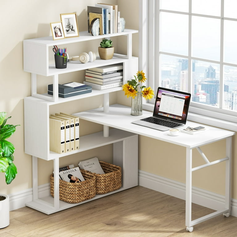 TribeSigns Rotating Computer Desk with 5 Shelves Bookshelf Vintage Rustic L Shaped Corner Desk with Storage Reversible Office Desk Study Table