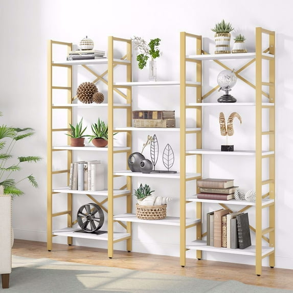 TribeSigns Triple Wide 5-Shelf Bookcase, Etagere Large Open Bookshelf Vintage Industrial Style Shelves Wood and Metal Bookcases Furniture for Home & Office