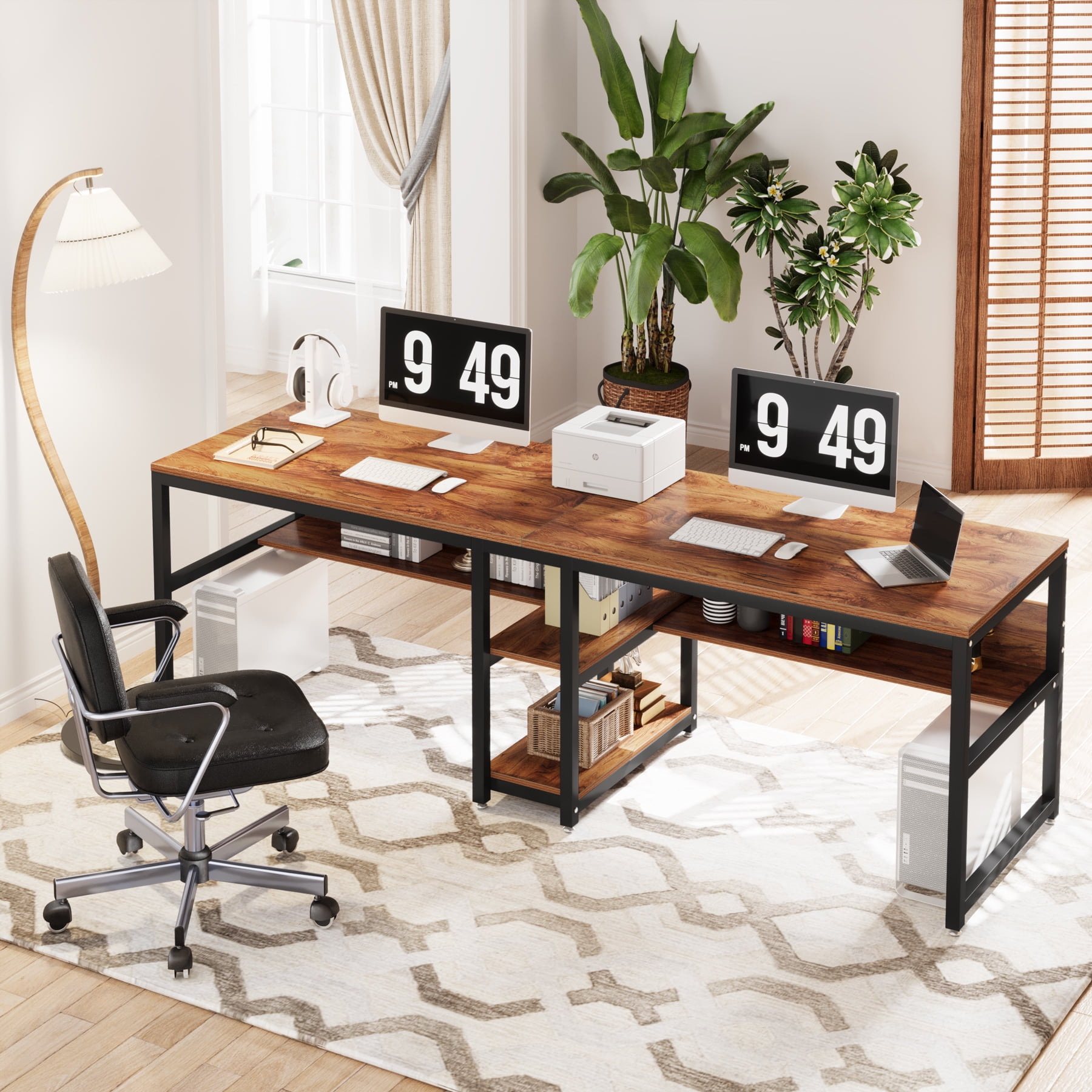 78.7" Brown Wood Double Desk with Open Storage Shelf